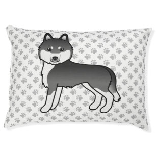 Black And White Siberian Husky Cartoon Dog & Paws Pet Bed