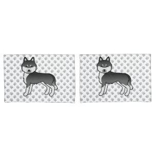 Black And White Siberian Husky Cartoon Dog & Paws Pillow Case