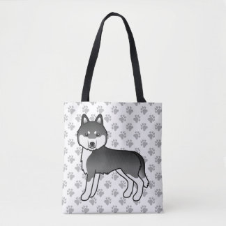 Black And White Siberian Husky Cartoon Dog &amp; Paws Tote Bag