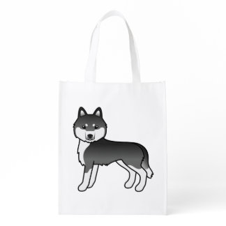 Black And White Siberian Husky Cute Cartoon Dog Grocery Bag