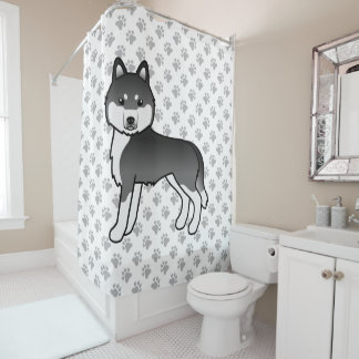 Black And White Siberian Husky Cute Cartoon Dog Shower Curtain