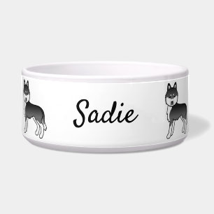 Black And White Siberian Husky Dog & Custom Name Bowl