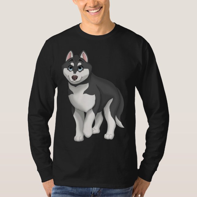 Black and White Siberian Husky Dog with Blue Eyes T-Shirt (Front)
