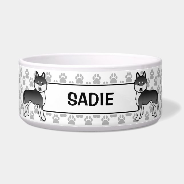 Black And White Siberian Husky With Pet's Name Bowl (Front)