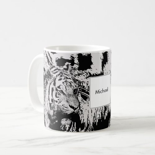 Black and white Siberian tiger print monogram name Coffee Mug