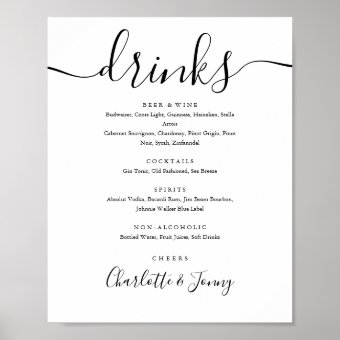 Black And White Signature Script Drinks Menu Sign | Zazzle