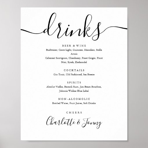 Black And White Signature Script Drinks Menu Sign | Zazzle