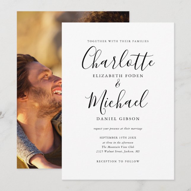 Black And White Signature Script Photo Wedding Invitation (Front/Back)