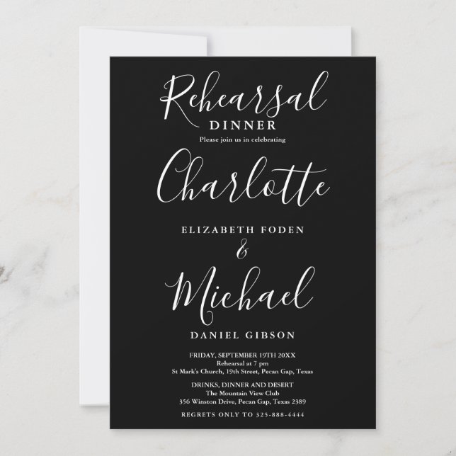 Black And White Signature Script Rehearsal Dinner Invitation (Front)