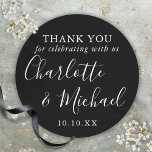 Black And White Signature Wedding Favor Thank You Classic Round Sticker<br><div class="desc">Black and white signature wedding favor thank you classic round sticker featuring signature style names. Personalize with your special thank you information in chic white typography. Designed by Thisisnotme©</div>