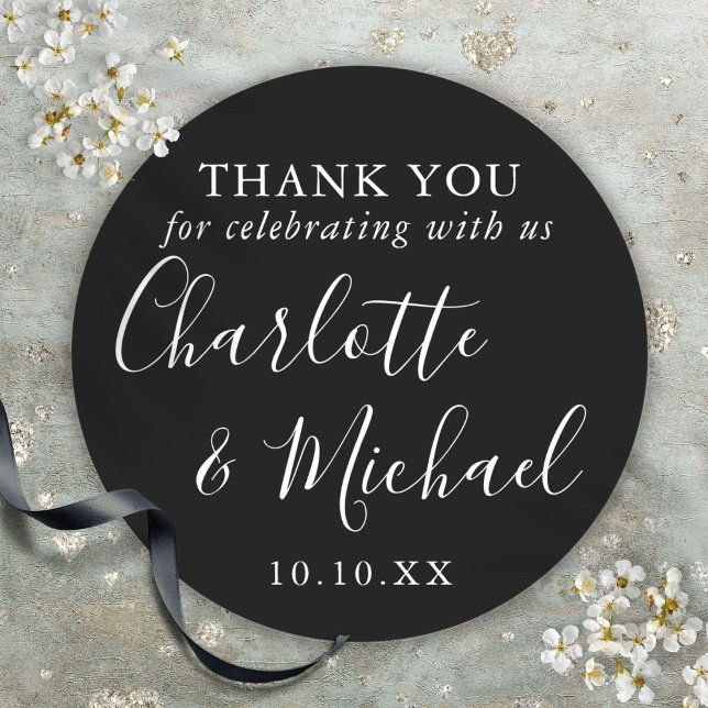 Black And White Signature Wedding Favor Thank You Classic Round Sticker (Black And White Signature Wedding Favor Thank You Classic Round Sticker)