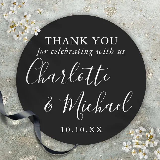 Black And White Signature Wedding Favor Thank You Classic Round Sticker