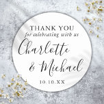Black And White Signature Wedding Favor Thank You Classic Round Sticker<br><div class="desc">Black and white signature wedding favor thank you classic round sticker featuring signature style names. Personalize with your special thank you information in chic typography. Designed by Thisisnotme©</div>