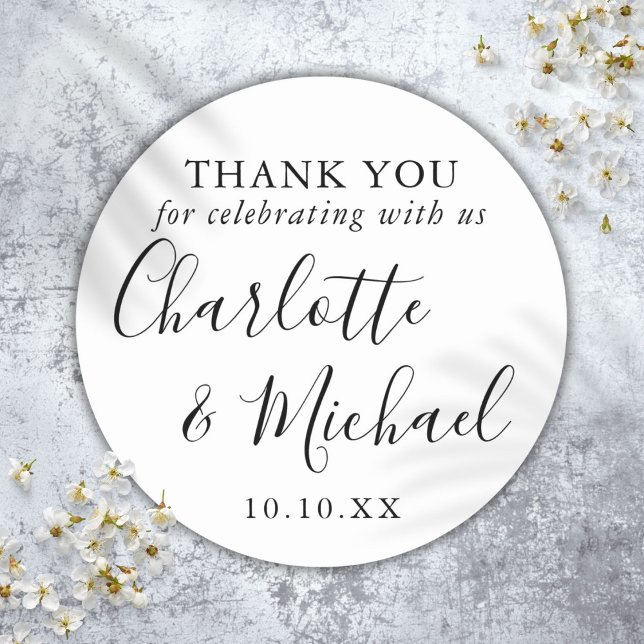 Black And White Signature Wedding Favor Thank You Classic Round Sticker (Black And White Signature Wedding Favor Thank You Classic Round Sticker)
