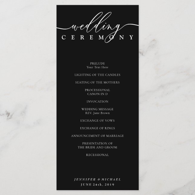 Black and White Signature Wedding Party Ceremony Program (Front)