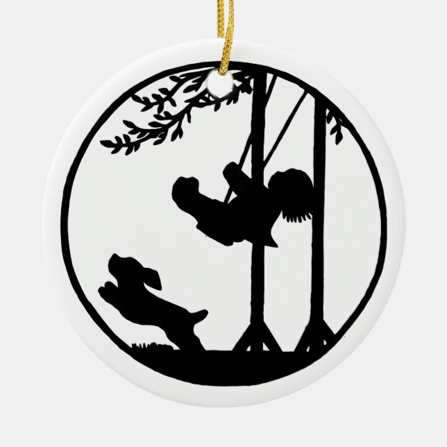 Black and white silhouette, boy, swing, dog ceramic ornament (Front)
