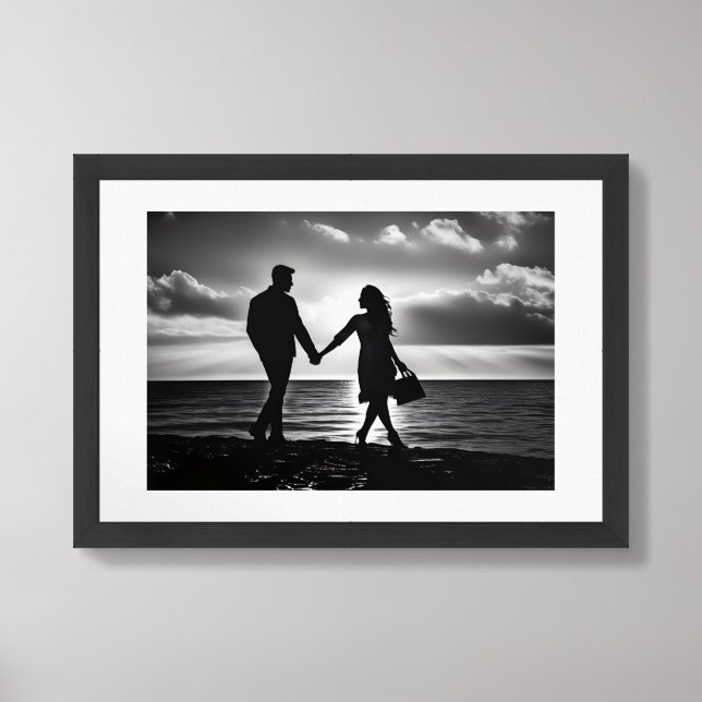 Black and White Silhouette Couple Walk Beach Framed Art (Framed Front)