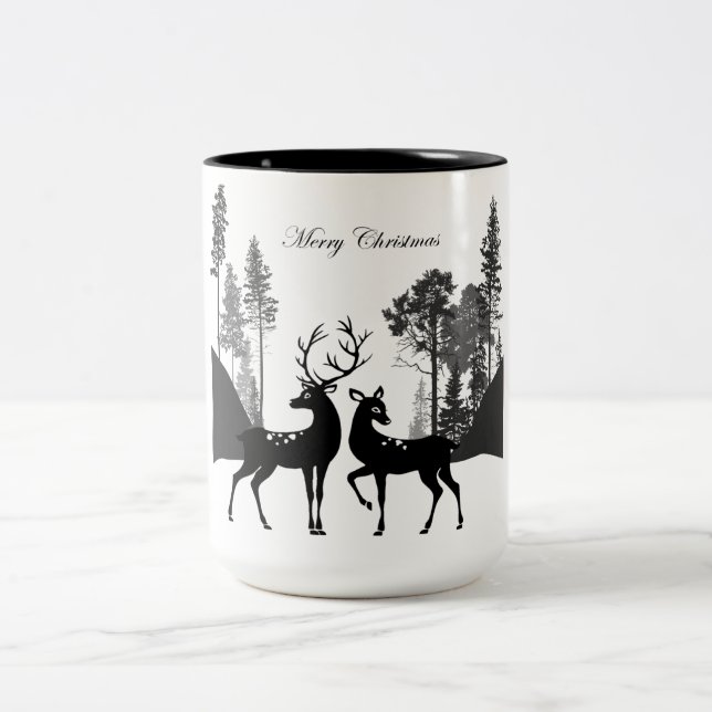 Black and white silhouette deers Two-Tone coffee mug (Center)