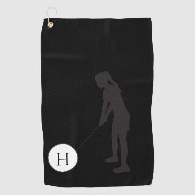 Black and White silhouette girl golfer ladies Golf Golf Towel (Front)