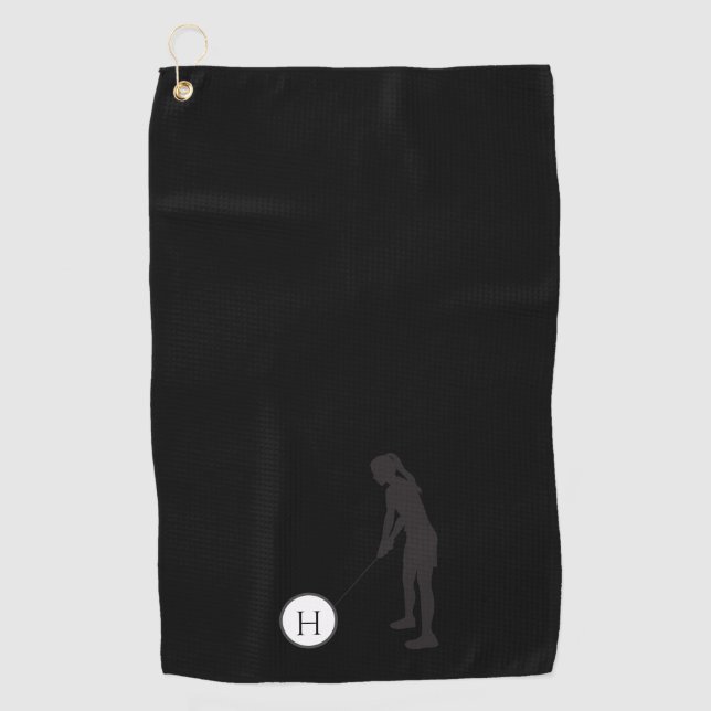 Black and White silhouette girl golfer ladies Golf Golf Towel (Front)