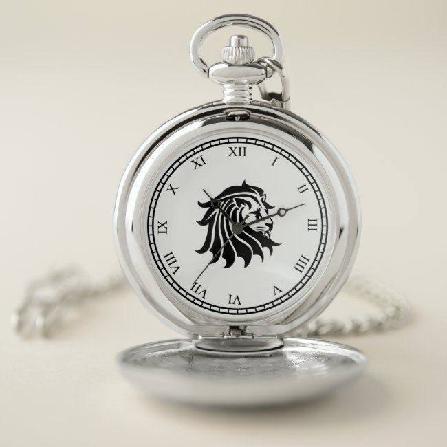 Black and White silhouette Lion Pocket Watch