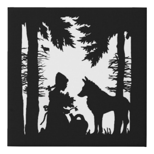 black and White Silhouette Riding Hood Wolf Forest Faux Canvas Print