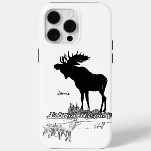 Black and White Silhouette Vintage Moose Wolf iPhone 15 Pro Max Case