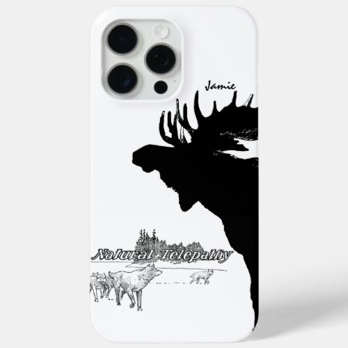 Black and White Silhouette Vintage Moose Wolf iPhone 15 Pro Max Case
