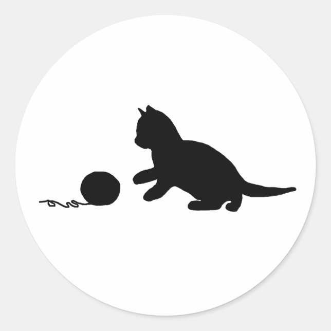 Black and White Silhouette Yarn and Cat Classic Round Sticker (Front)