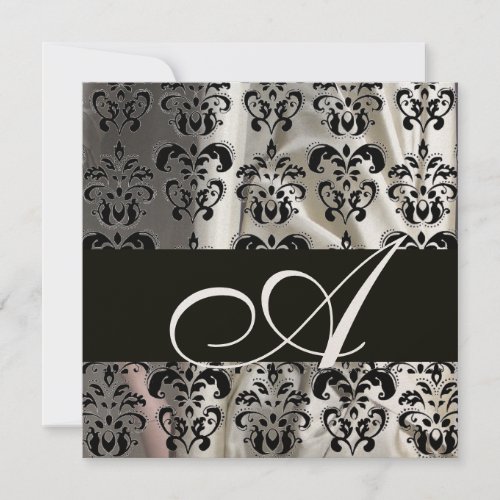 BLACK AND WHITE SILK DAMASK CLOTH MONOGRAM Gold Invitation