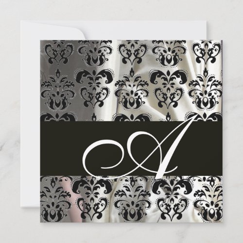 BLACK AND WHITE SILK DAMASK CLOTH MONOGRAM  white Invitation