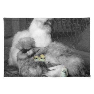 Black and White Silkie Chickens with yellow Chicks Placemat