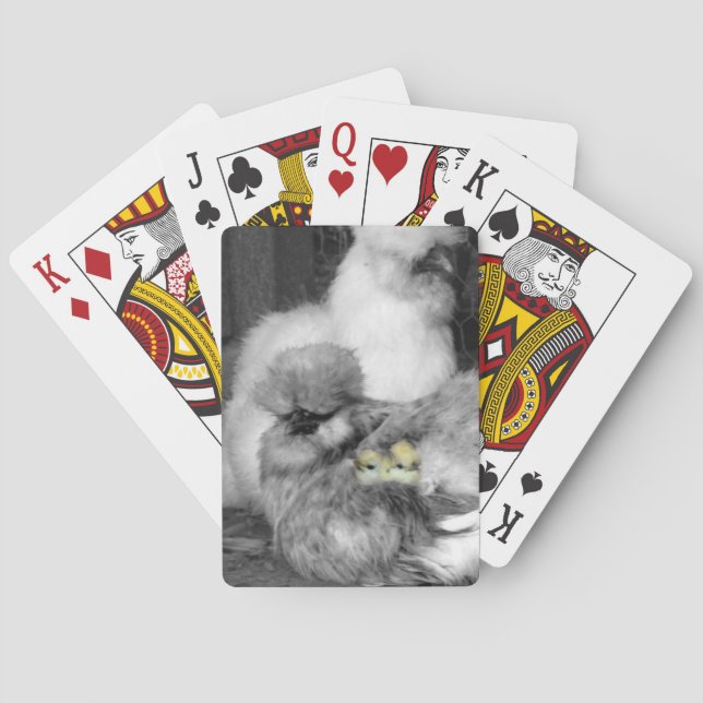 Black and White Silkie Chickens with yellow Chicks Poker Cards (Back)