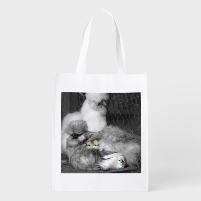 Black and White Silkie Chickens with yellow Chicks Reusable Grocery Bag (Back)