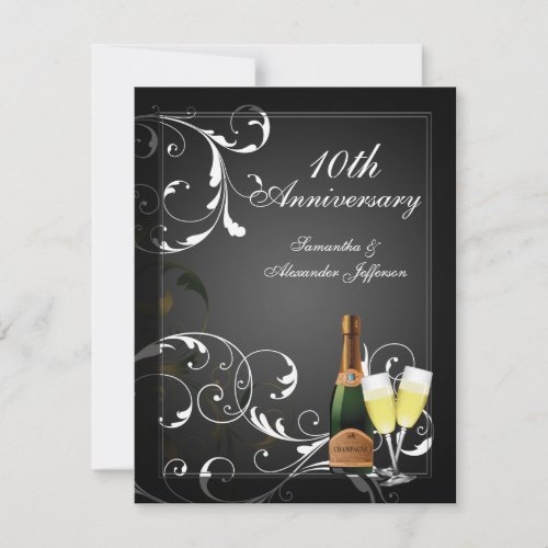 Black and White Silver Champagne Anniversary Party Invitation