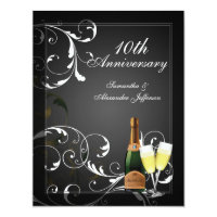 Black and White Silver Champagne Anniversary Party Invitation