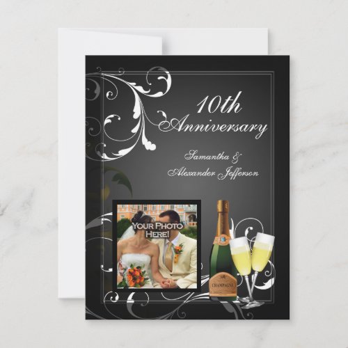 Black and White Silver Champagne Photo Anniversary Invitation