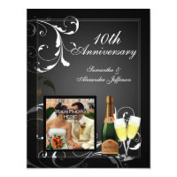 Black and White Silver Champagne Photo Anniversary Invitation