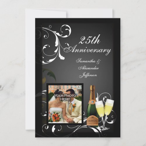 Black and White Silver Champagne Photo Anniversary Personalized Invitation