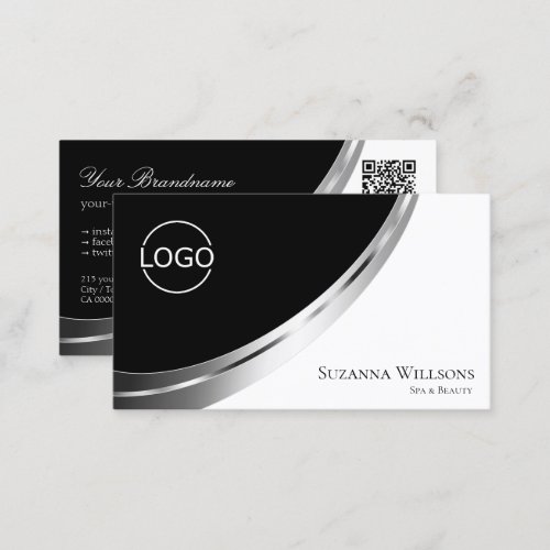 Black and White Silver Decor with Logo  QR_Code Business Card