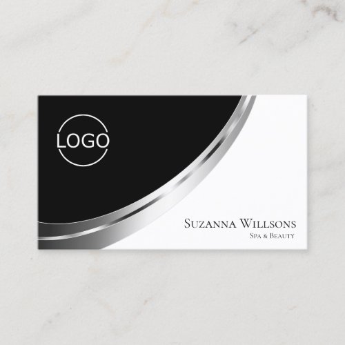 Black and White Silver Decor with Logo  QR_Code Business Card