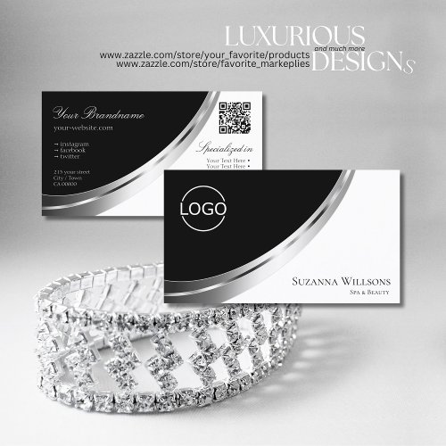 Black and White Silver Decor with Logo  QR_Code Business Card