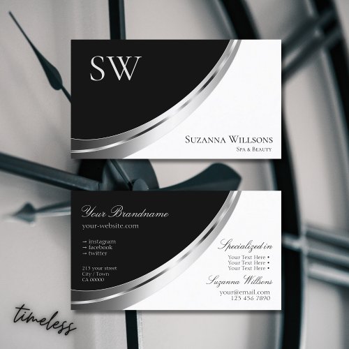 Black and White Silver Decor with Monogram Modern  Business Card
