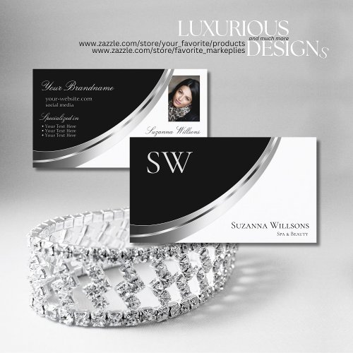 Black and White Silver Decor with Monogram  Photo Business Card