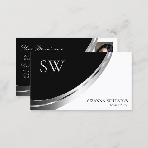 Black and White Silver Decor with Monogram  Photo Business Card