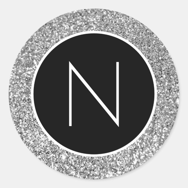 Black and White Silver Glitter Monogrammed Classic Round Sticker (Front)