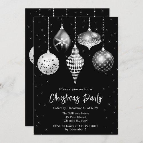 Black and White Silver Ornaments Christmas Party Invitation