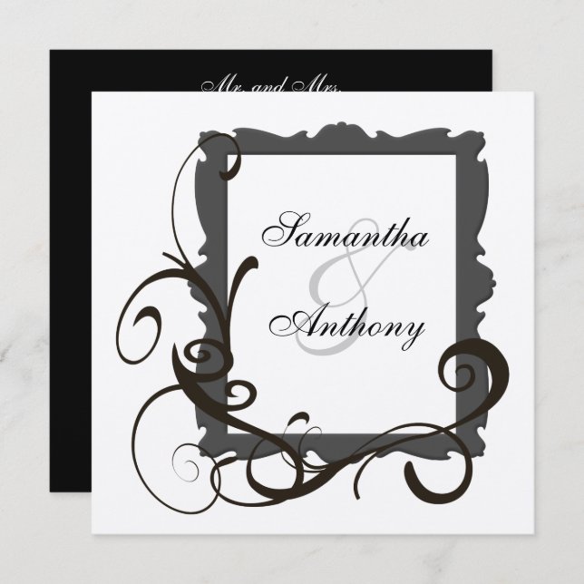 Black and White Silver Swirl Wedding Invitations (Front/Back)