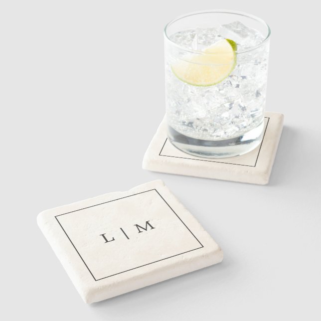 Black and White Simple Classic Minimalist Monogram Stone Coaster (Side)