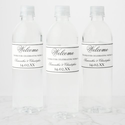 Black and White Simple Elegant Minimalist Wedding Water Bottle Label